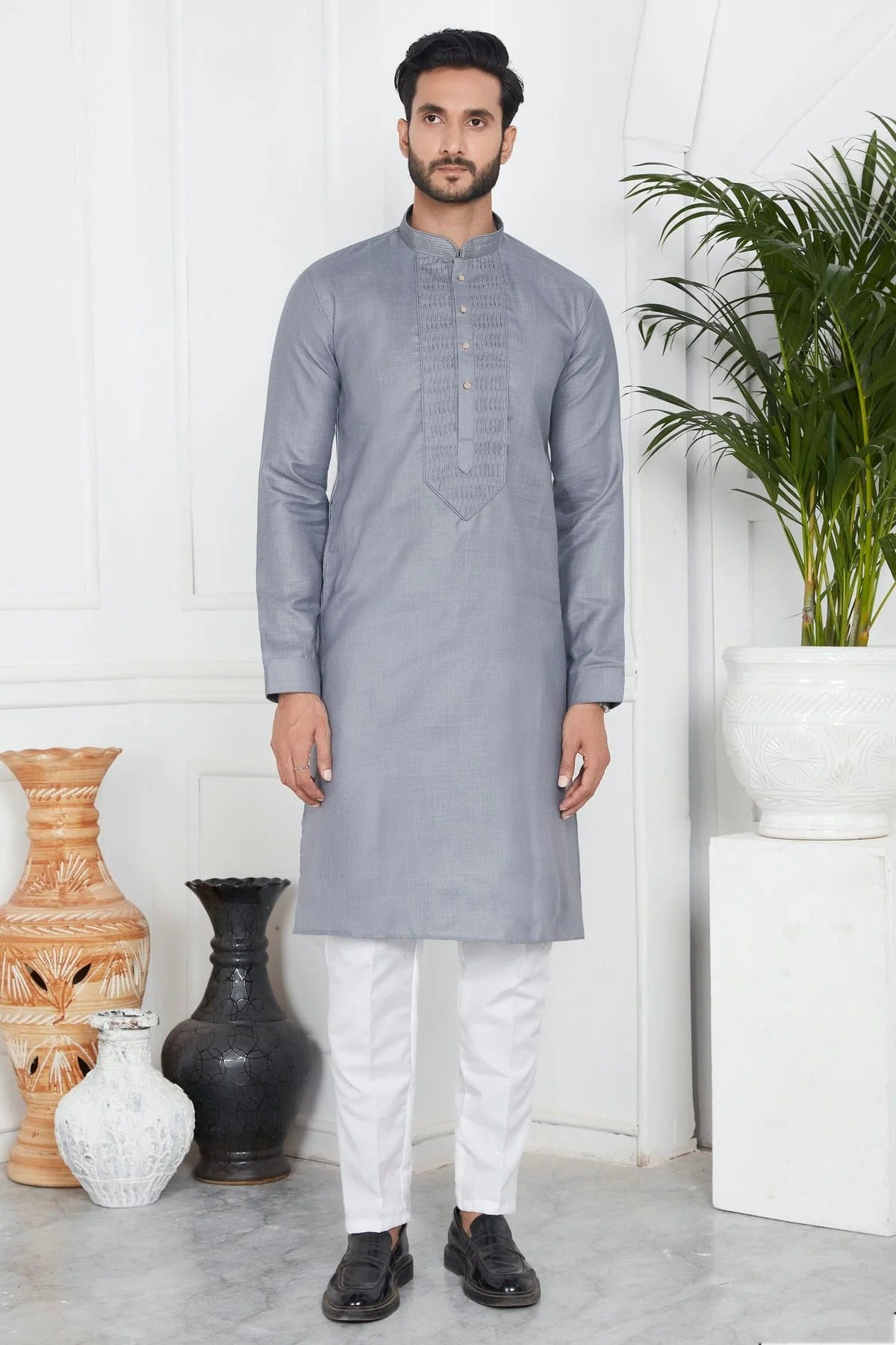 Grey Linen Cotton Pintex Kurta Pajama NCKP12310252