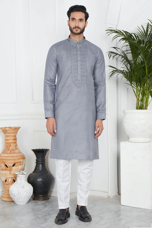 Grey Linen Cotton Pintex Kurta Pajama NCKP12310252