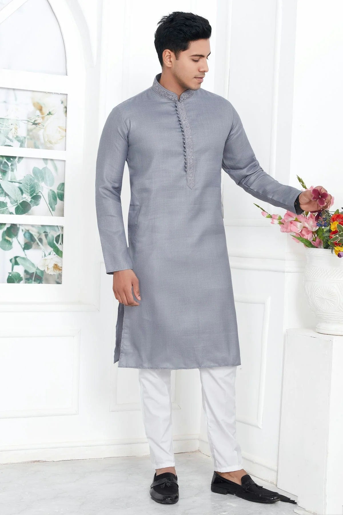 Grey Linen Cotton Thread Kurta Pajama NCKP12310232