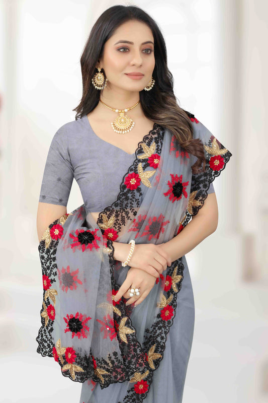 Grey Net Designer Saree NCSD11210926
