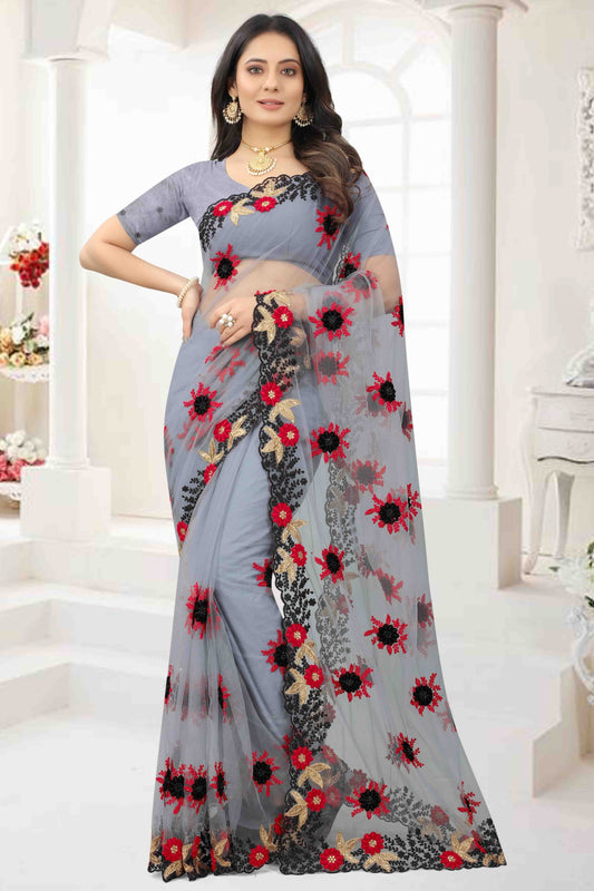 Grey Net Designer Saree NCSD11210926