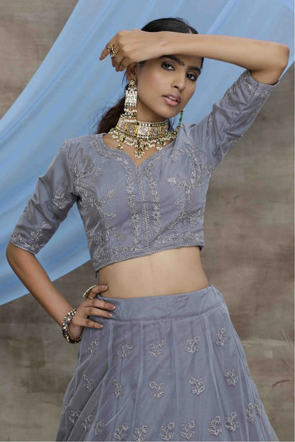 Grey Net Embroidery Lehenga Choli NCLC11510133