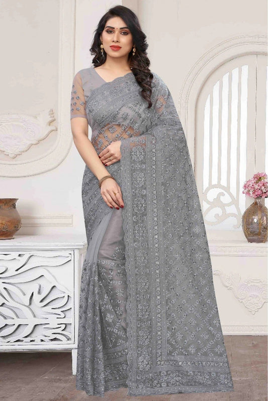 Grey Net Embroidery Saree NCSD10910658