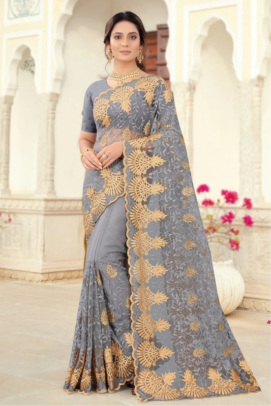 Grey Net Embroidery Saree NCSD10910689