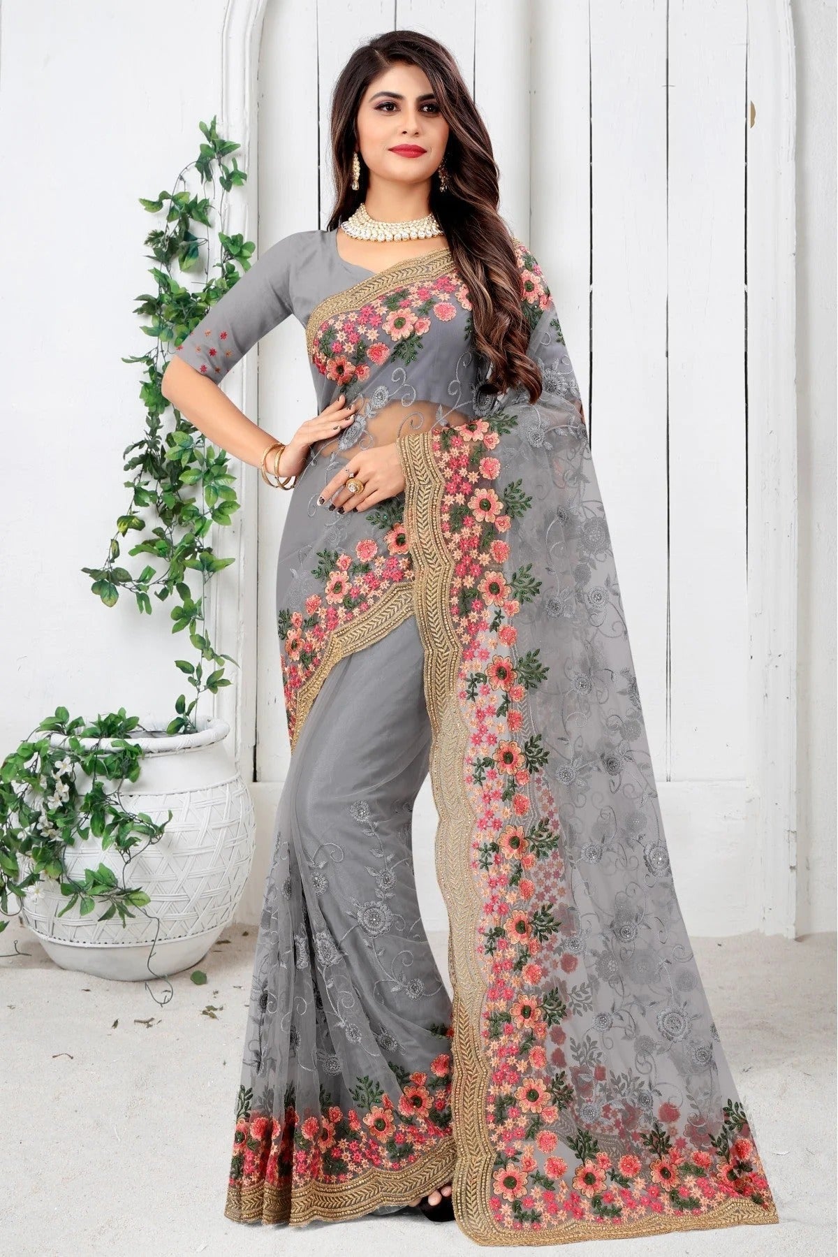 Grey Net Embroidery Saree NCSD10910697