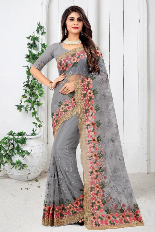 Grey Net Embroidery Saree NCSD10910697