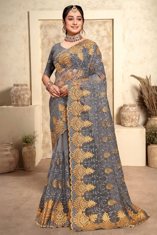 Grey Net Saree NCSD10910257