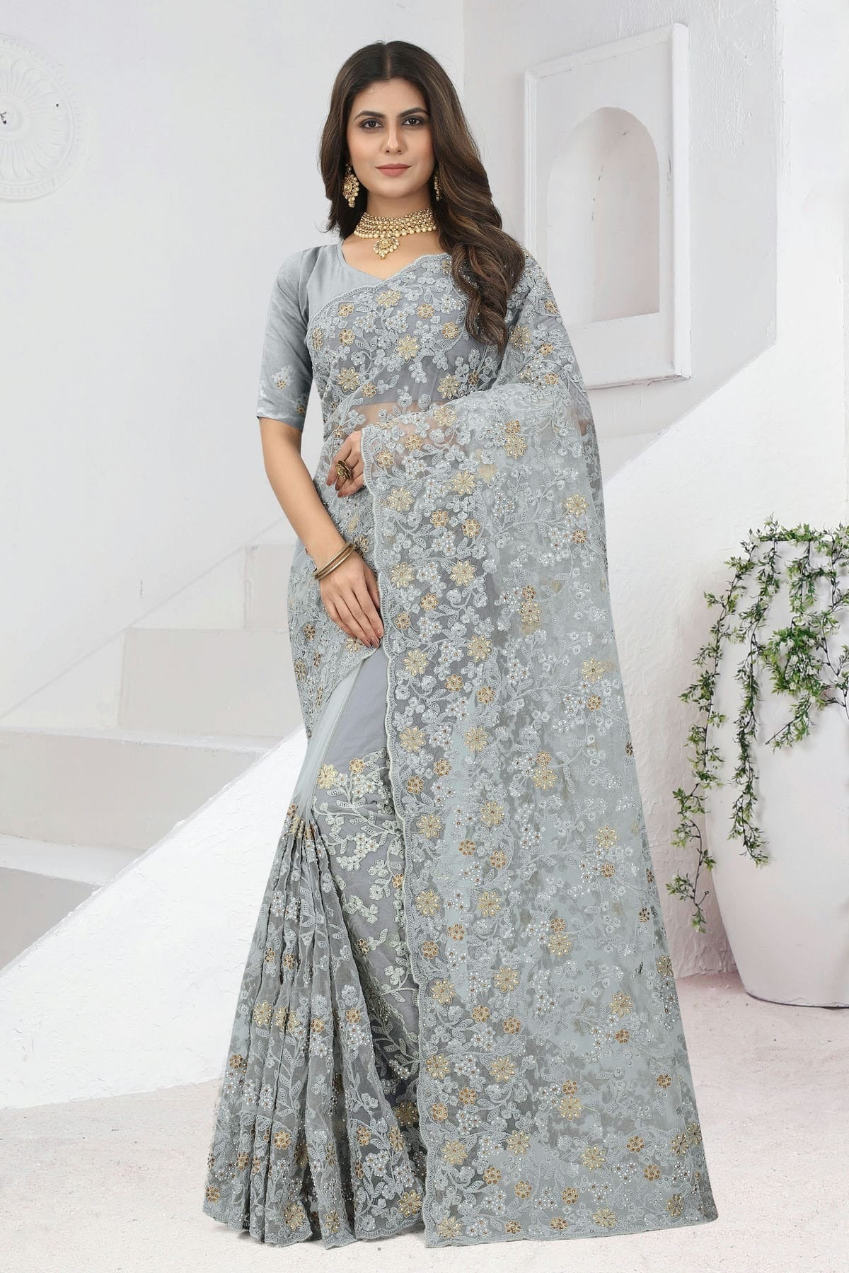 Grey Net Saree NCSD10910378