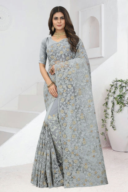 Grey Net Saree NCSD10910378