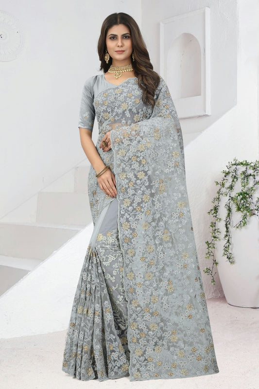 Grey Net Saree NCSD10910378