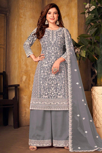 Grey Net Semi Stitched Palazzo Pant Suit NCSM10510390