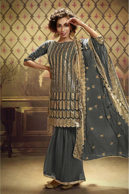 Grey Net Sequins Sharara Suit NCSM10810363