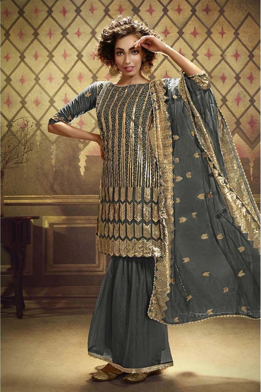 Grey Net Sequins Sharara Suit NCSM10810363