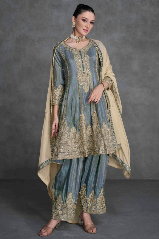 Grey Organza Palazzo Pant Suit NCSM11410233