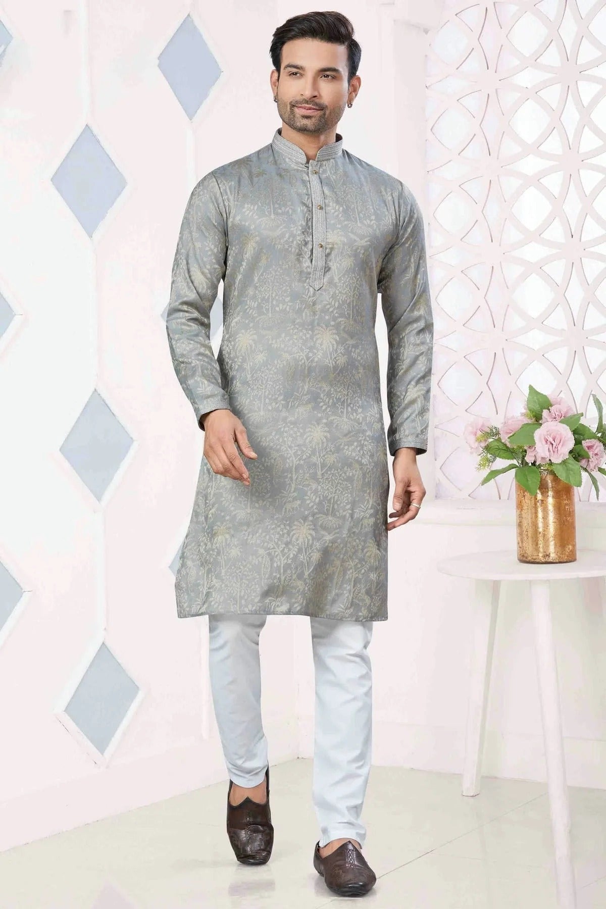 Grey Pintex and Woven Jacquard Silk Kurta Pajama NCKP11110575