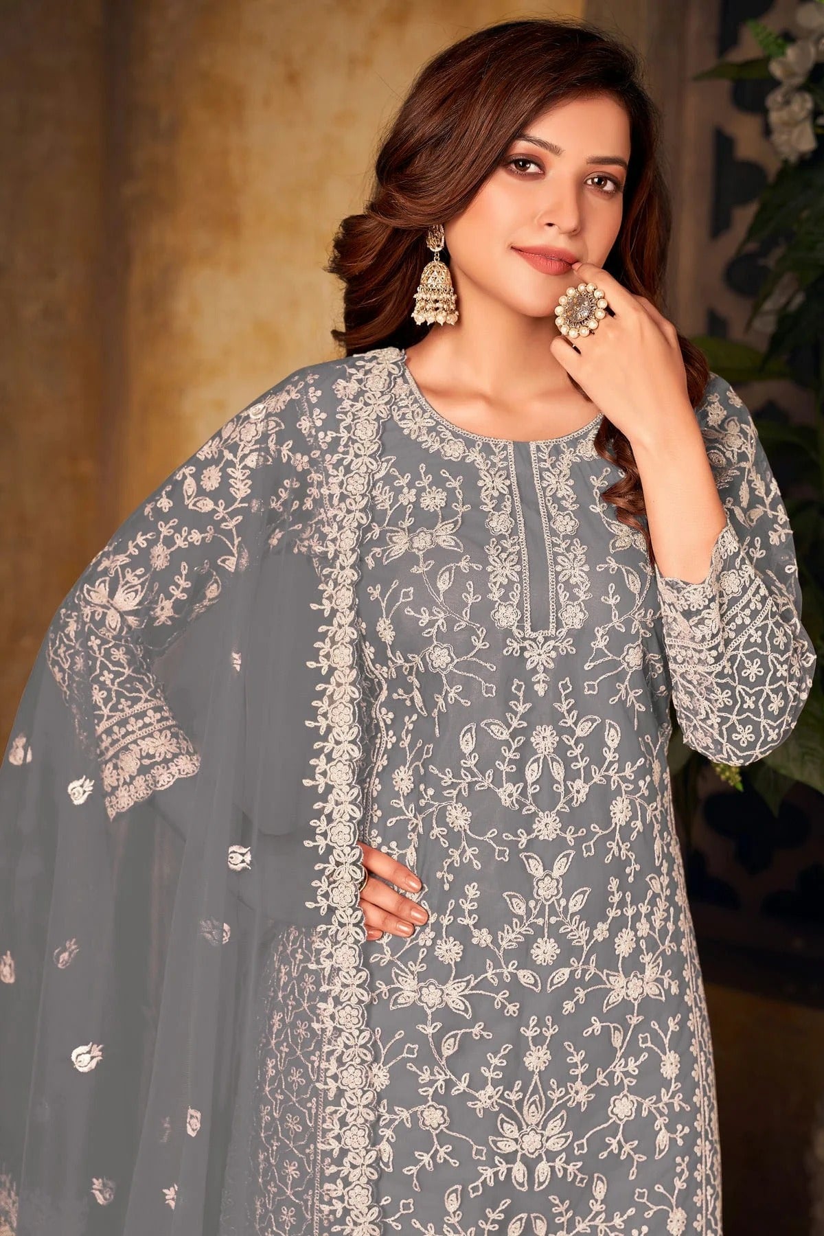 Grey Plazoo Pant SuitNet Semi Stitched  NCSM10510236