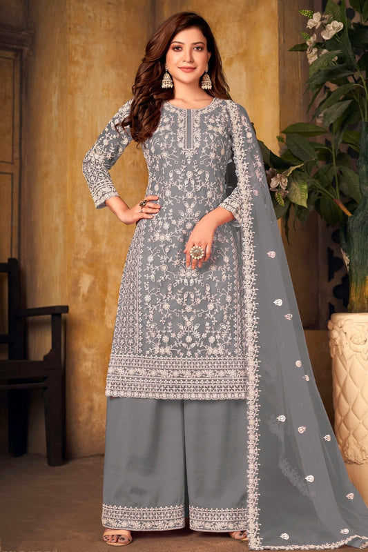 Grey Plazoo Pant SuitNet Semi Stitched NCSM10510236