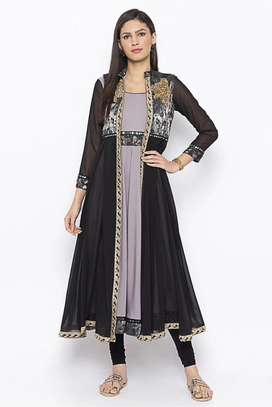 Grey Plus Size Crepe Embroidery Kurta Set NCKR10710314