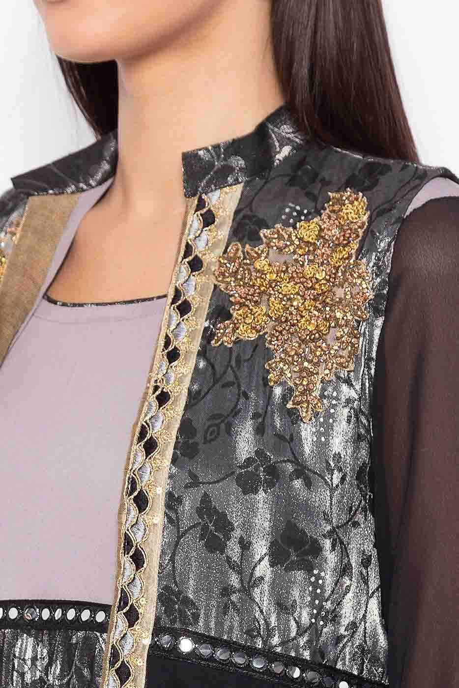 Grey Plus Size Crepe Embroidery Palazzo Pant Suit NCSS10710554