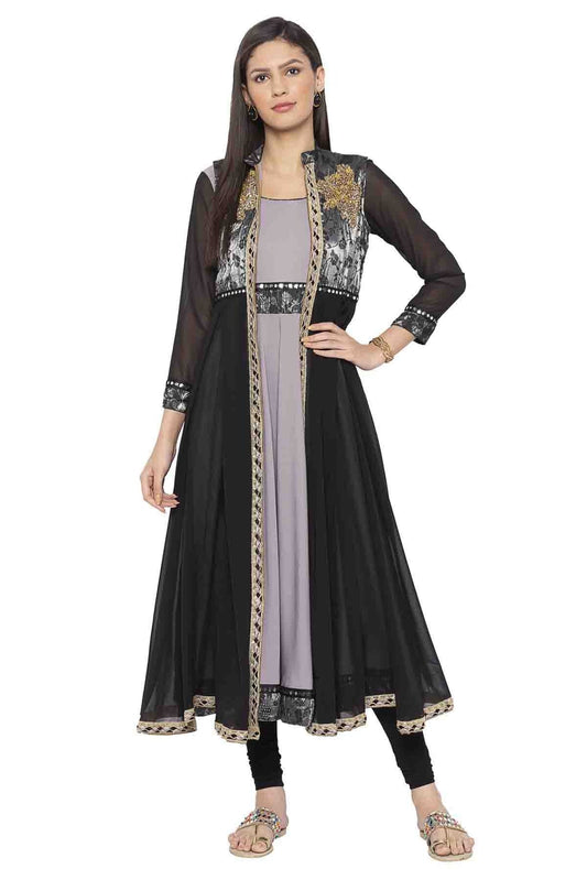 Grey Plus Size Crepe Embroidery Palazzo Pant Suit NCSS10710554