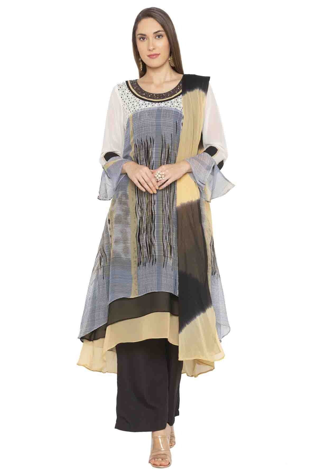 Grey Plus Size Georgette Embroidery Palazzo Pant Suit NCSS10710550