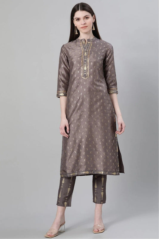 Grey Plus Size Poly Silk Printed Kurta Pant Set NCKR10610127