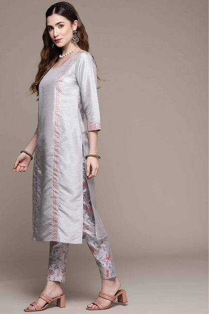 Grey Poly Silk Foil Print Kurta With Pant  NCKR10610159
