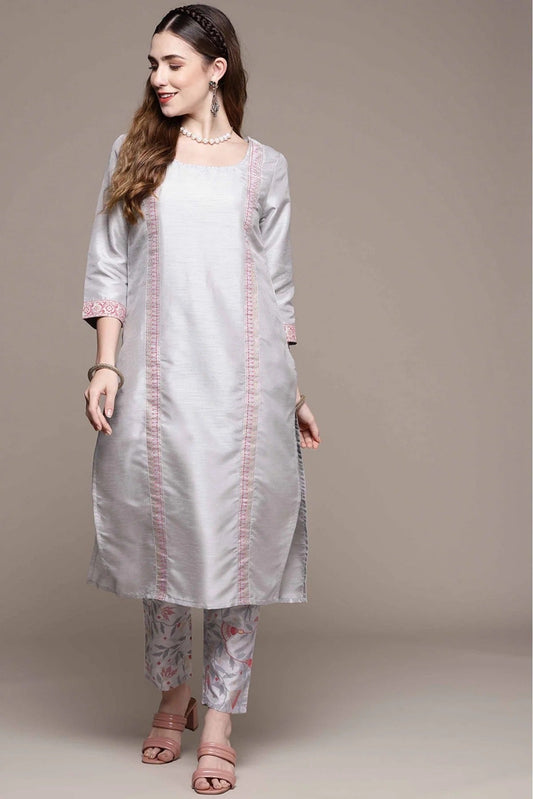Grey Poly Silk Foil Print Kurta With Pant NCKR10610159