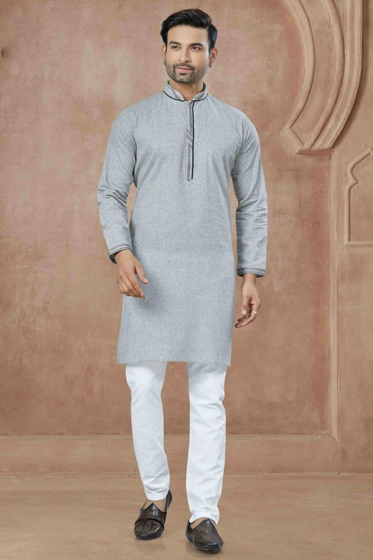 Grey Printed and Pintex Cotton Kurta Pajama NCKP11110537