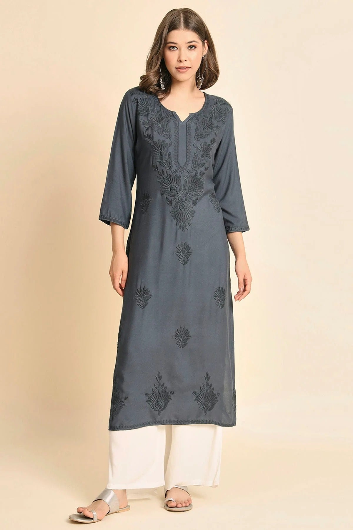 Grey Rayon Kurti NCKR11112136