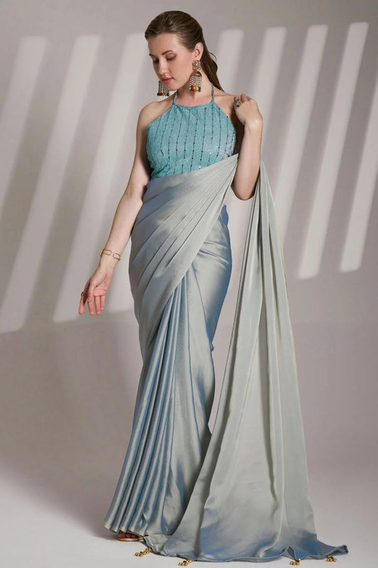 Grey Satin Rangoli Saree NCSD11111076
