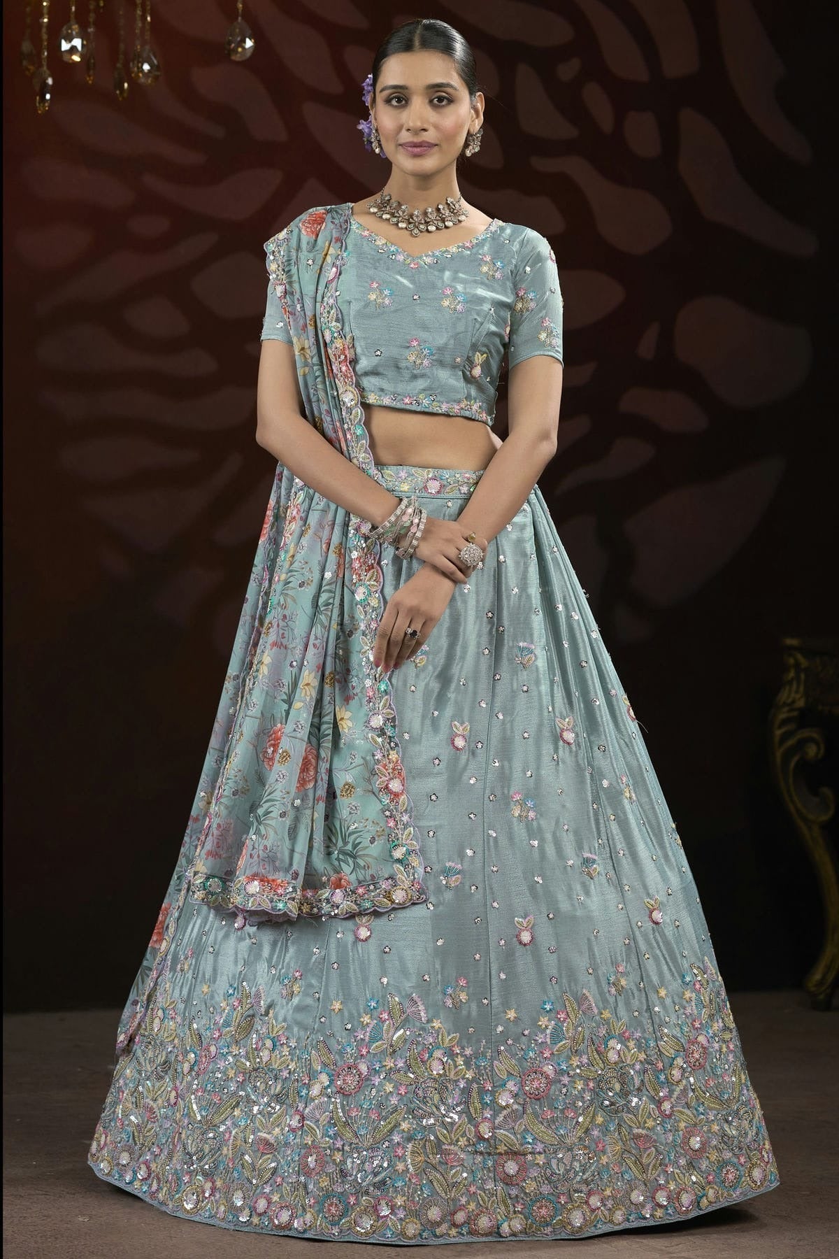 Grey Semi Stitched Chinon Lehenga Choli NCLC11111257
