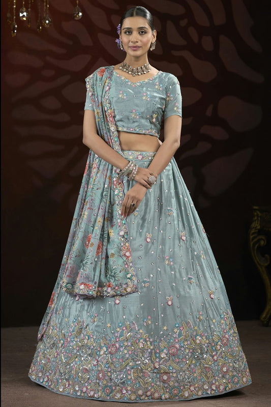 Grey Semi Stitched Chinon Lehenga Choli NCLC11111257