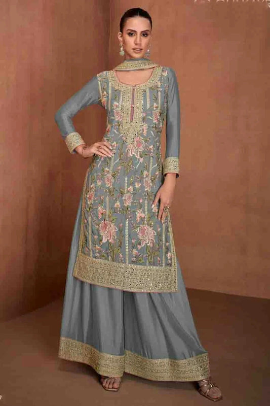 Grey Semi Stitched Chinon Palazzo Pant Suit NCSM11410345