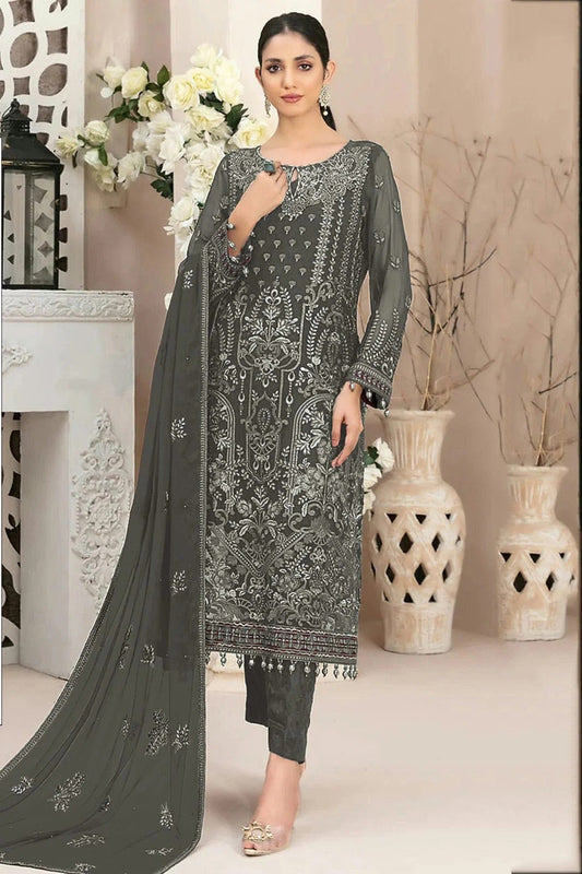 Grey Semi Stitched Faux Georgette Pakistani Suit NCSM11410320