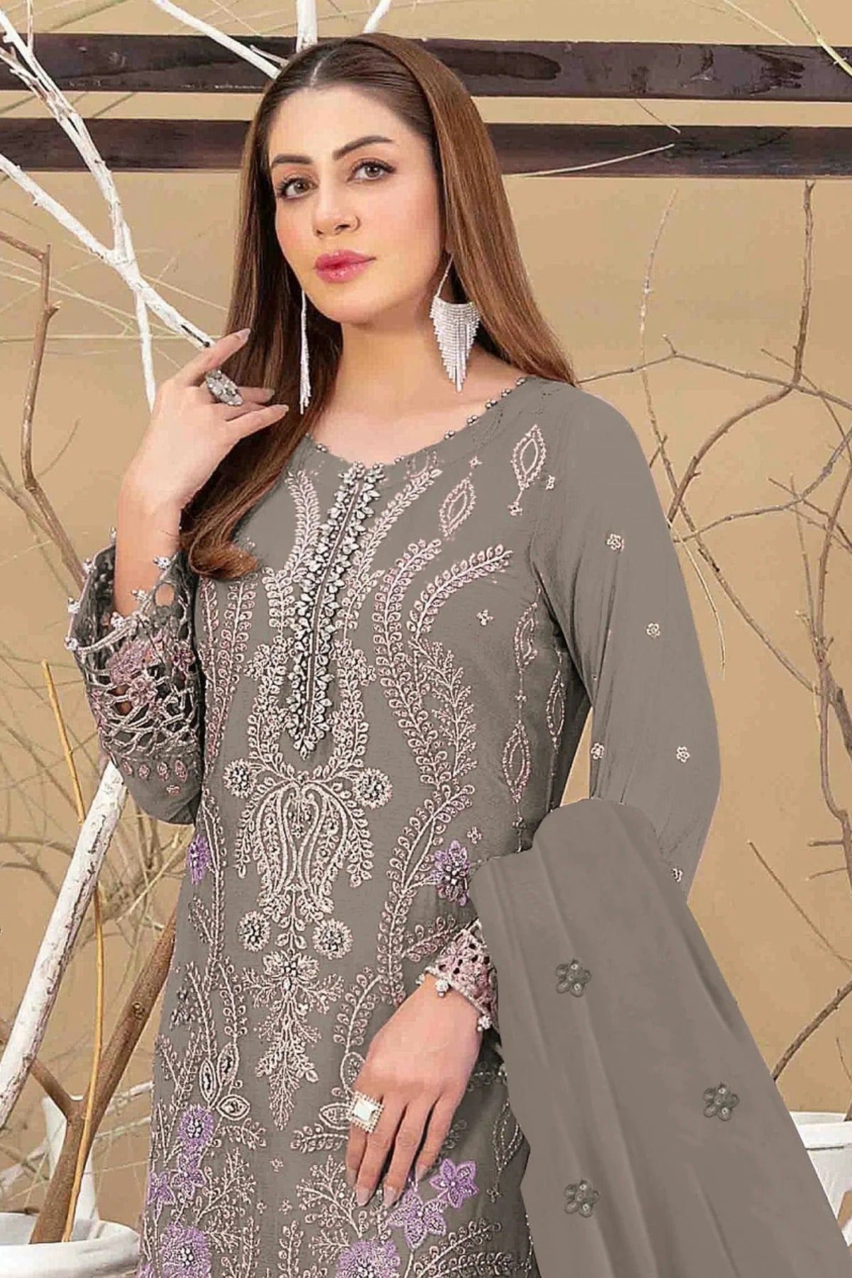 Grey Semi Stitched Faux Georgette Pakistani Suit NCSM11410459
