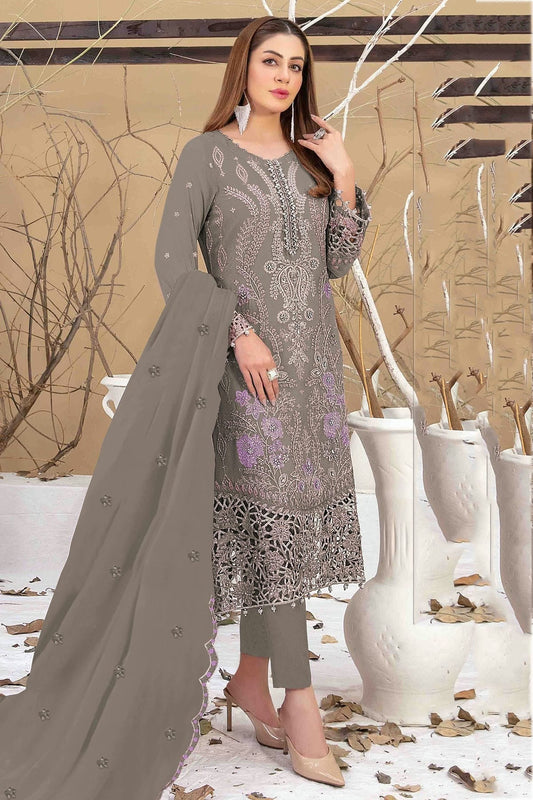 Grey Semi Stitched Faux Georgette Pakistani Suit NCSM11410459