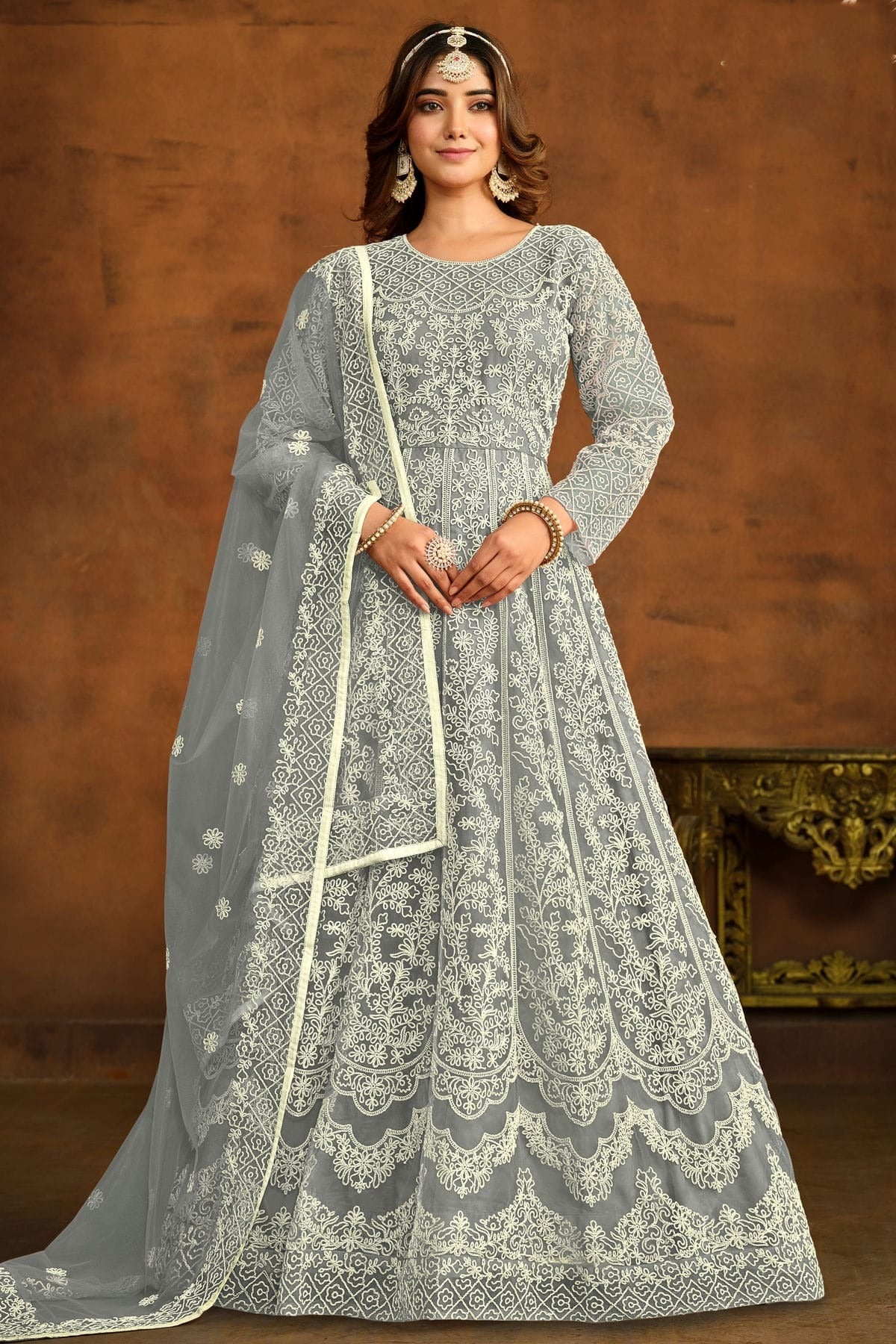 Grey Semi Stitched Net Anarkali Suit NCSM10510290