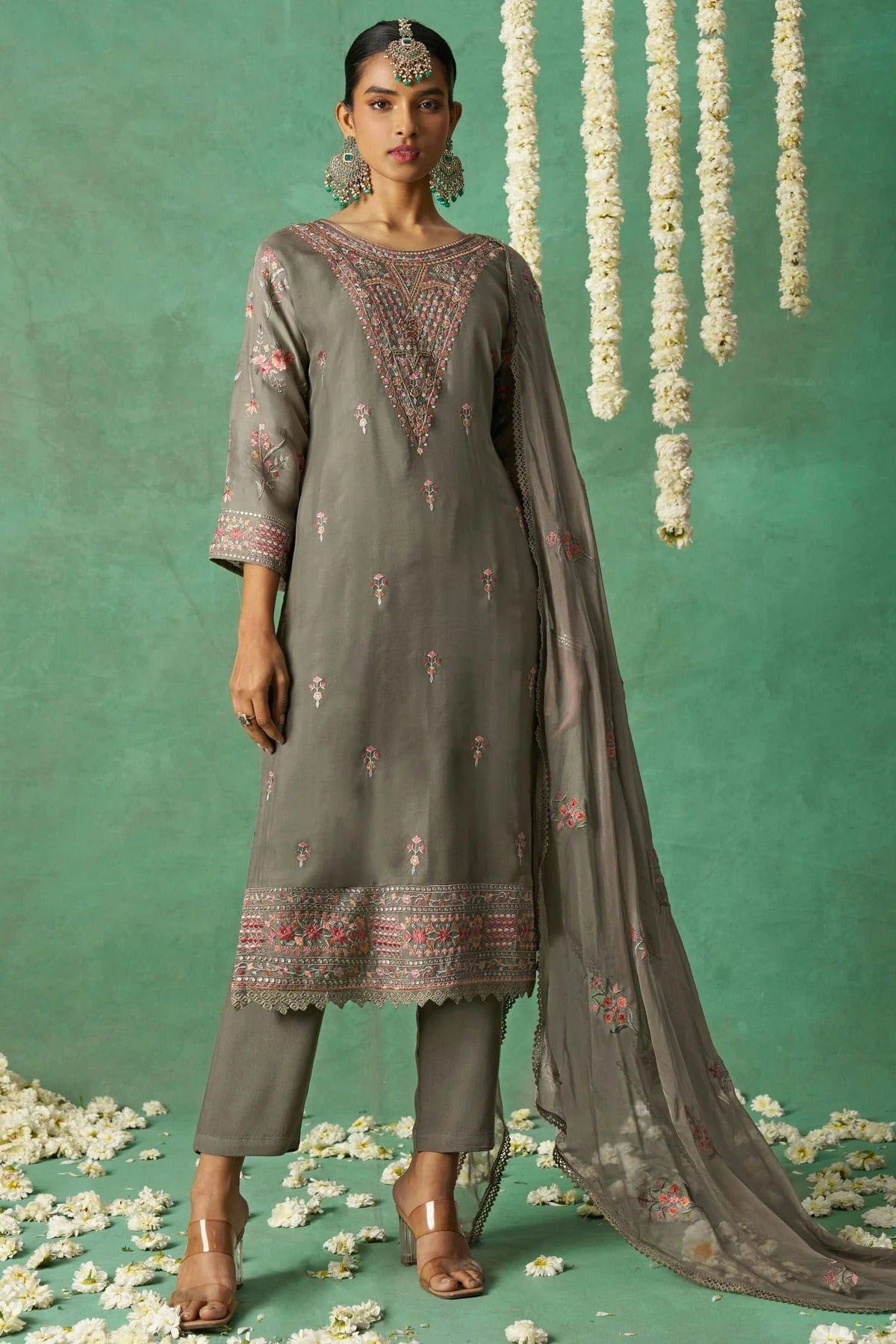 Grey Semi Stitched Organza Pant Style Suit NCSM11111023