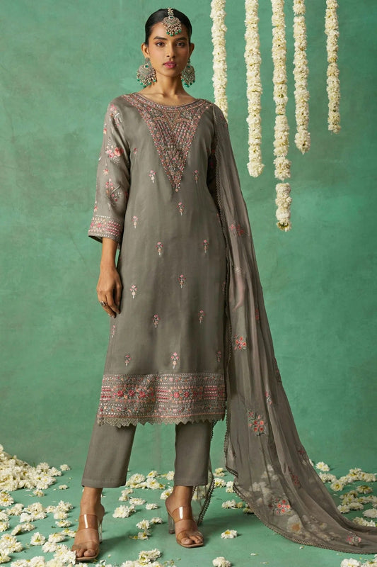 Grey Semi Stitched Organza Pant Style Suit NCSM11111023
