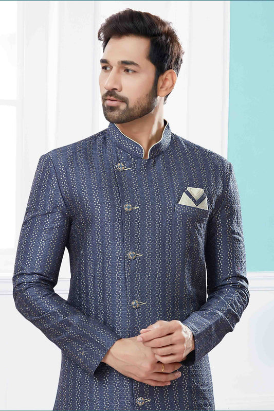 Grey SherwaniIn Jacquard  NCSH10410515