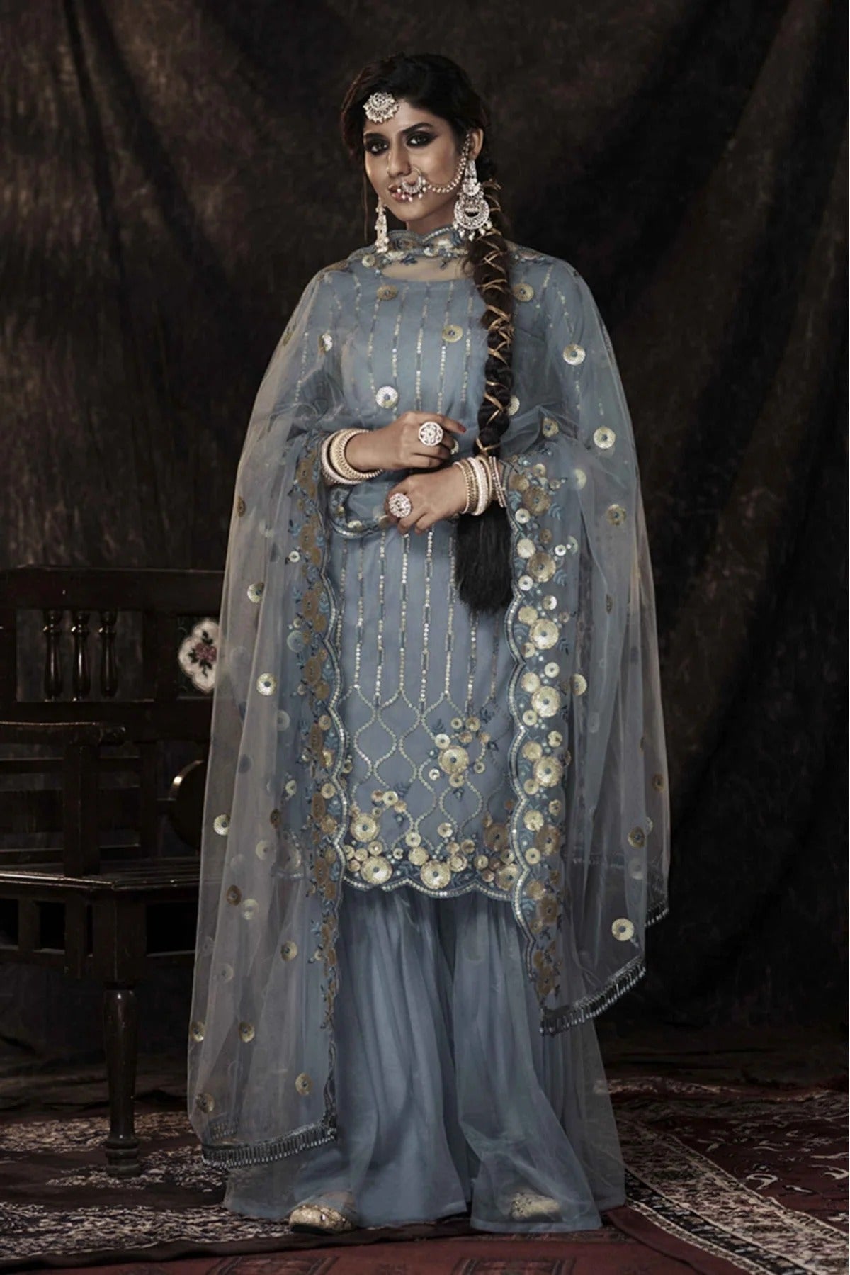 Grey Stitched Soft Net Sequins Sharara Suit NCSM10810373