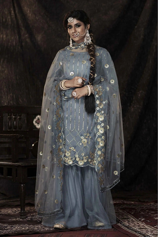 Grey Stitched Soft Net Sequins Sharara Suit NCSM10810373