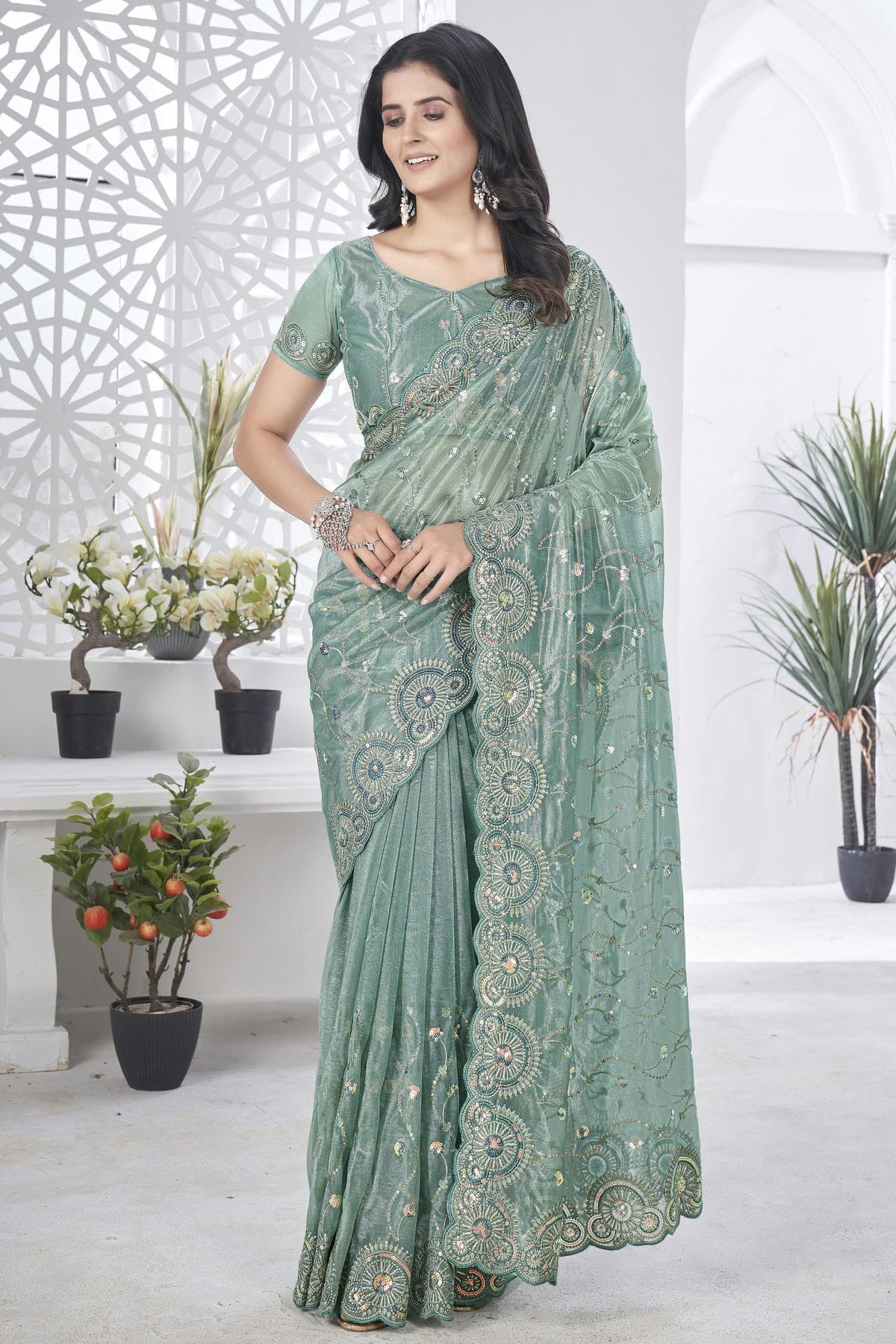 Grey Tissue Net Designer Saree NCSD11111202