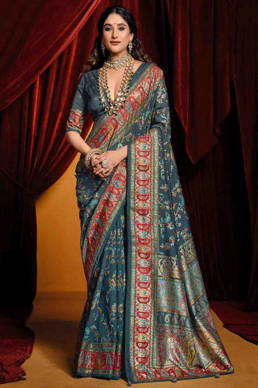 Grey Tussar Silk Paisley Printed Saree NCSD11110292