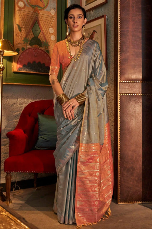 Grey Tussar Silk Woven Saree NCSD12910212