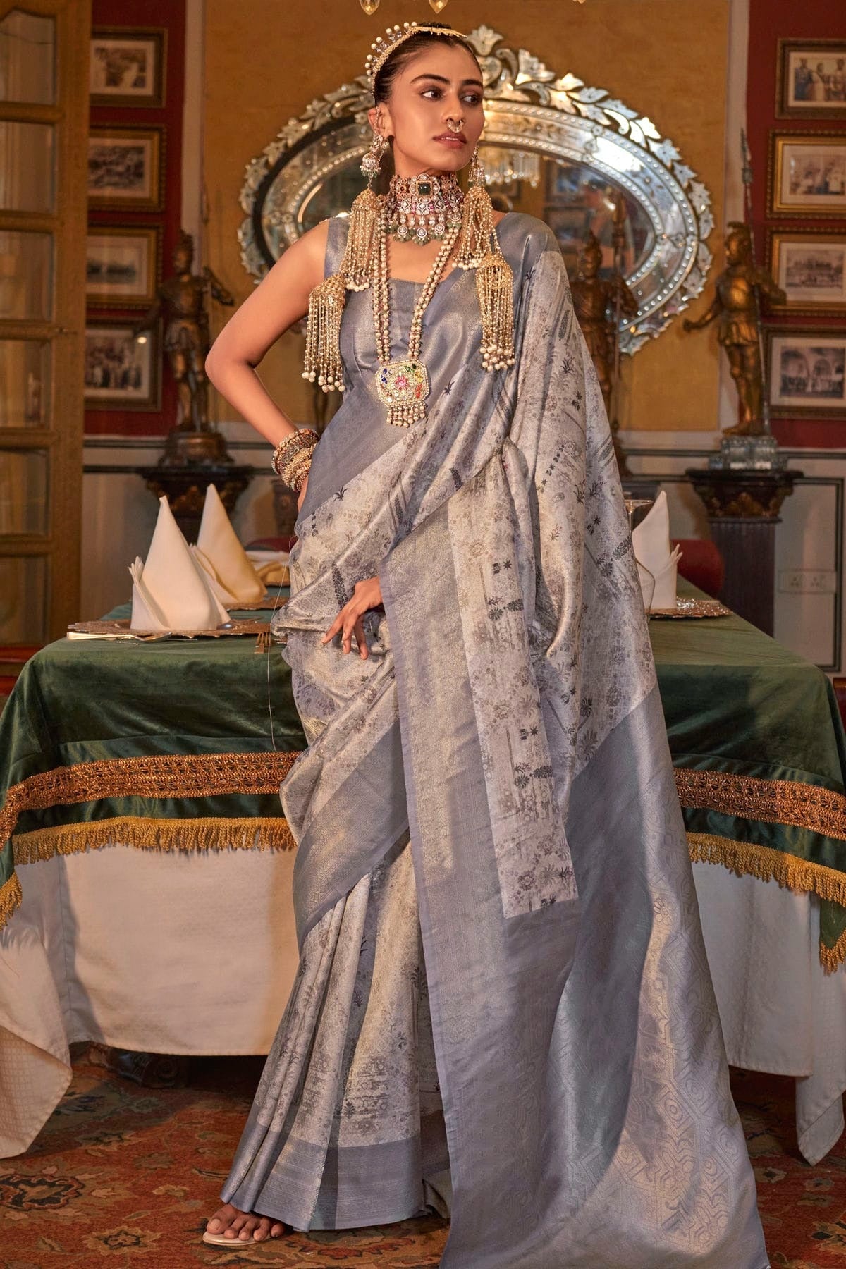 Grey Tusser Silk Traditional Saree NCSD12910113