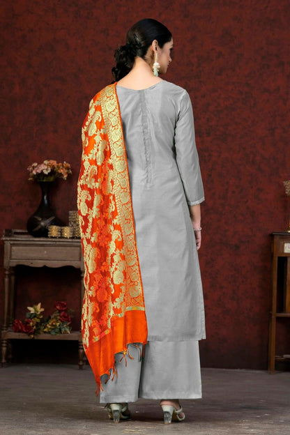 Grey Unstitched Banarasi Jacquard Palazoo Pant Suit NCUS11610100