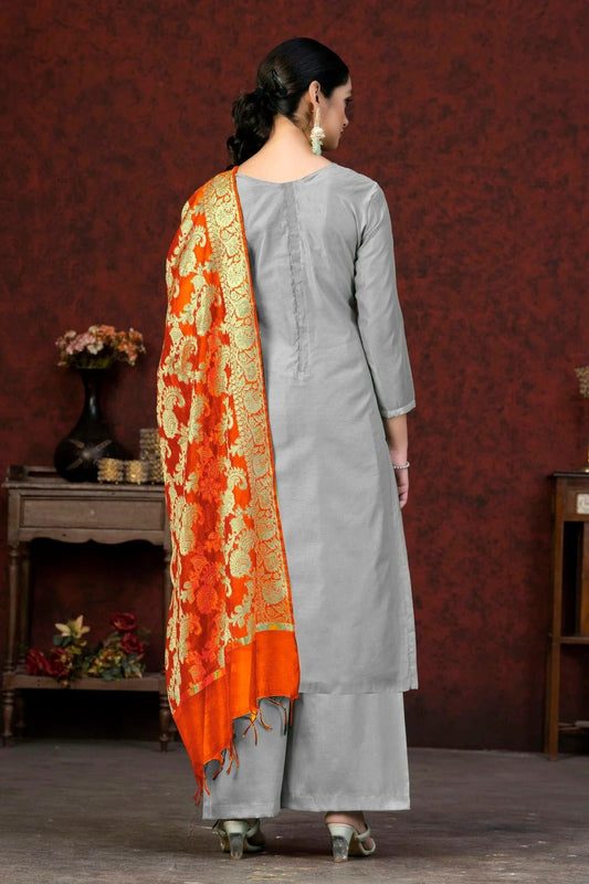 Grey Unstitched Banarasi Jacquard Palazoo Pant Suit NCUS11610100