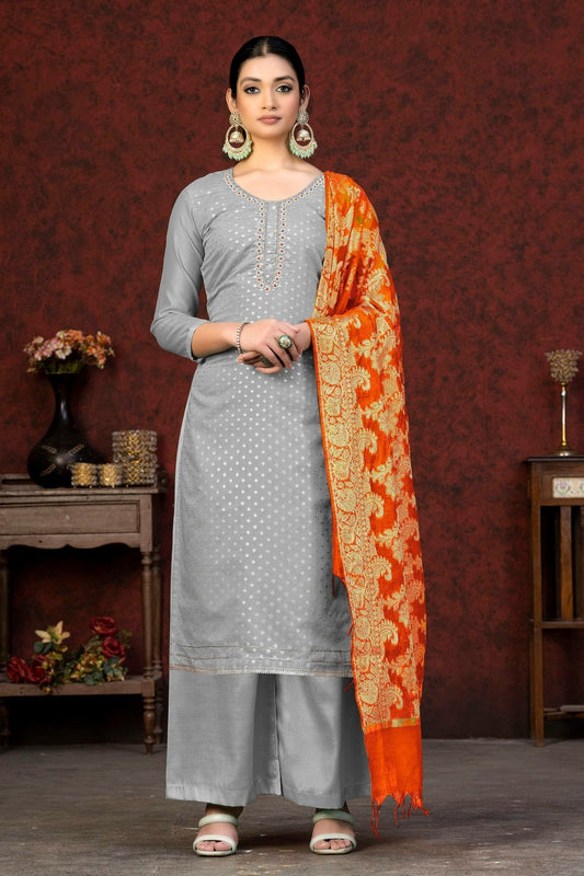 Grey Unstitched Banarasi Jacquard Palazoo Pant Suit NCUS11610100